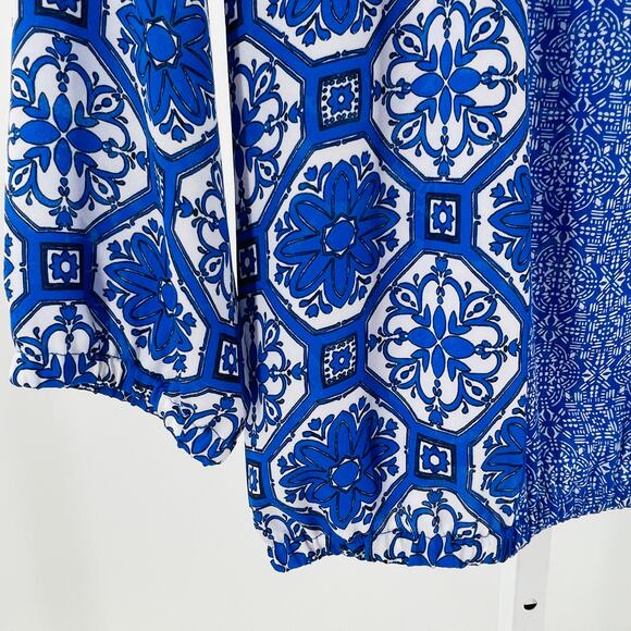 The Limited Blue White Geometric Lightweight Long Sleeve Boho Blouse Top XS - Picture 5 of 9